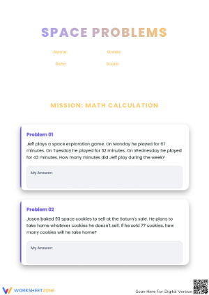 Printable Space Math Word Problems Worksheet | Grades 4-7