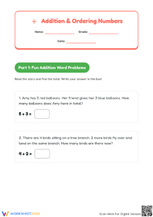 Printable Addition Word Problems & Ordering Numbers Grade 1