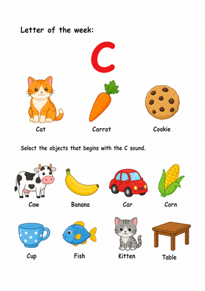 Grade K Letter C Sound — Printable No-Prep Worksheet