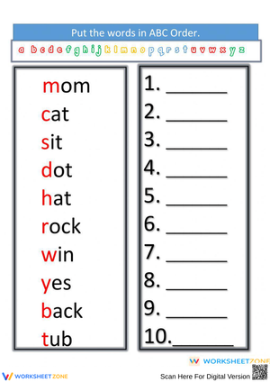 ABC Order Word Sorting Worksheet