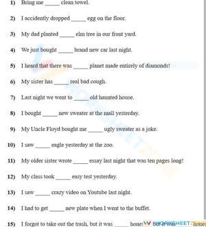 Grades 5-8 Articles (A/An) — Printable No-Prep Worksheet