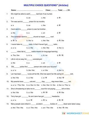 Printable Articles Worksheet | Grade 9-10 ELA