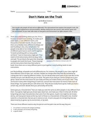 Printable Character Traits Worksheet | Grade 7 ELA