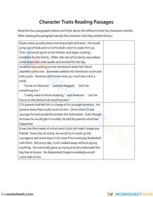 Character Traits Reading Passage Open Ended
