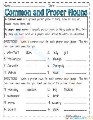 Printable Common and Proper Nouns Worksheet | Grade 3 ELA