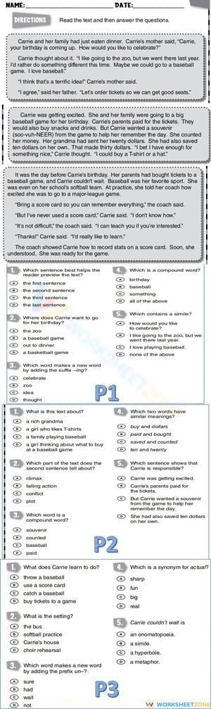 Printable Reading Comprehension Worksheet | Grade 4 ELA