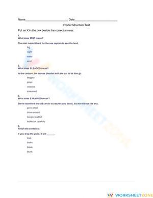 RL.4.1 Worksheet: Yonder Mountain Test — Grade 4 Aligned
