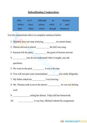 Subordinating Conjunctions Grammar Worksheet