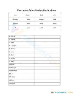 Subordinating Conjunctions Scramble | Grammar Worksheet