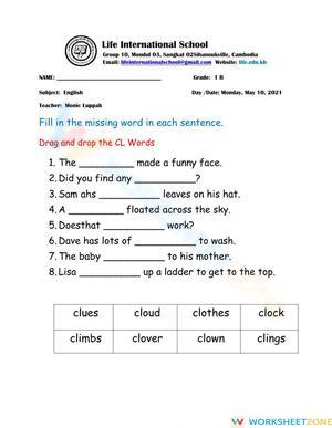 Essential Consonant Blend 'cl' Worksheet | Grade 1