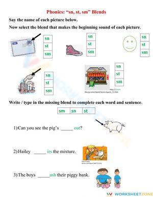 Printable sn, st, sm Blends Worksheet | Grade 1-2 ELA