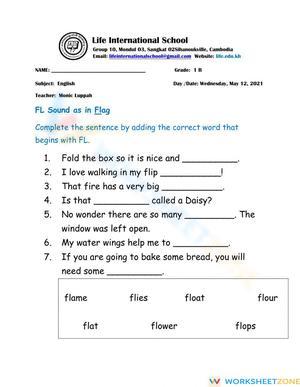 Printable FL Blend Words Worksheet | Grade 1 & 2 Phonics