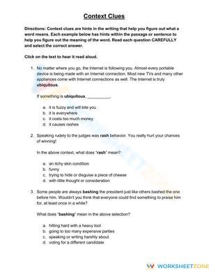 Essential Grade 5-8 Context Clues Worksheet | Printable