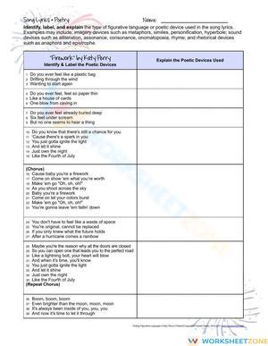Printable Katy Perry Figurative Language Worksheet | Gr. 6-9