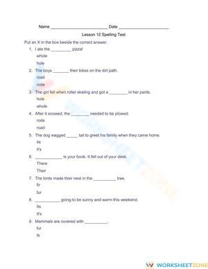Homophone Spelling Test Worksheet | Grade 4 Essential