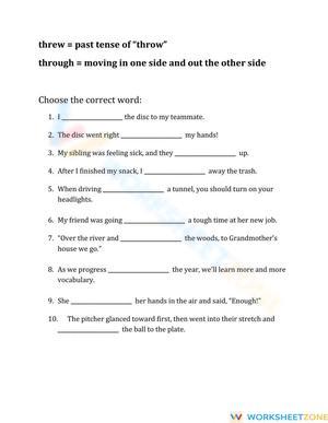 Homophones Threw vs. Through Printable Worksheet — Grade 4