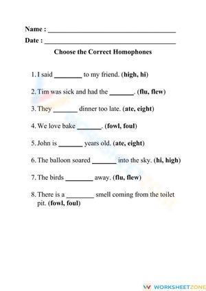 Homophones Worksheet