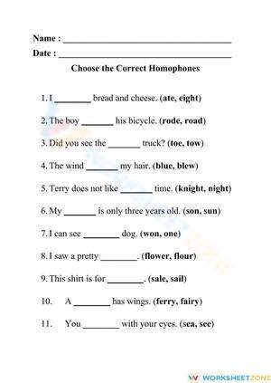 Choose the Correct Homophones Worksheet