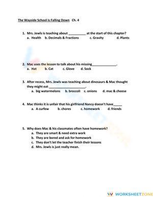 Printable Wayside School Ch 4 Reading Worksheet | Grade 5