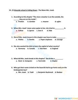 Grade 4 Wayside School — Printable No-Prep Worksheet