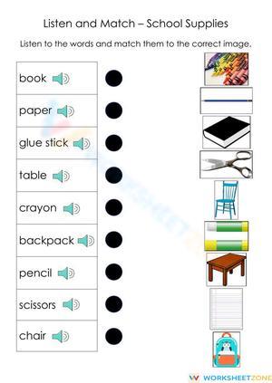 Kindergarten School Supplies — Printable No-Prep Worksheet
