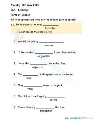 Second worksheet on parts of speech