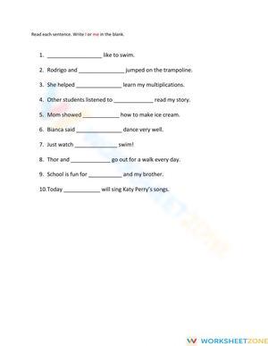 Essential Pronouns I and Me Worksheet | Grade 2-5 ELA