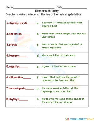 Elements of Poetry Matching Worksheet