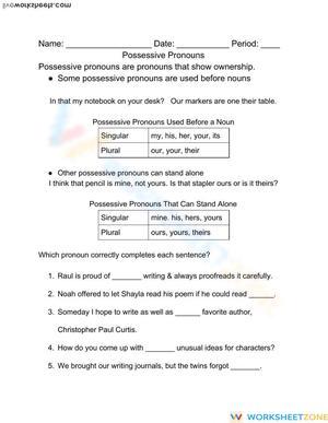 Possessive Pronouns Worksheet — Printable Grade 6-10 ELA