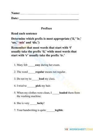 Printable Prefixes Worksheet: il-, ir-, and un- | Grade 5