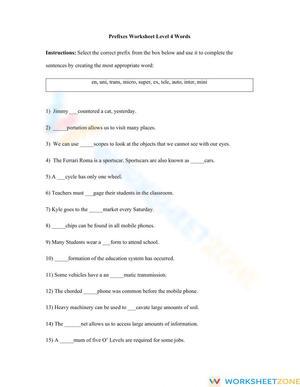 Prefixes Worksheet Standard 4