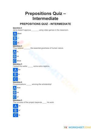 Essential Prepositions Worksheet | Grade 10 ELA