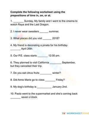 Prepositions of Time Worksheet