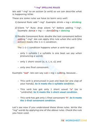 Printable -ing Spelling Rules Worksheet | Grade 2-4 ELA