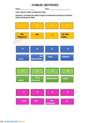 Essential Present Simple Jumbled Sentences Worksheet Gr. 9