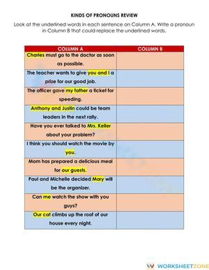 Grade 6 Kinds of Pronouns — Printable Review Worksheet