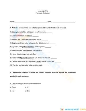 Essential Pronouns Evaluation: Subject, Object & Reflexive