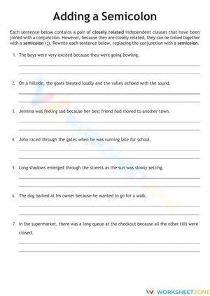 Printable Semicolon Worksheet | Grade 5 ELA Practice