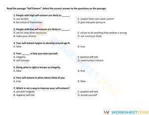 Self Esteem Comprehension Questions
