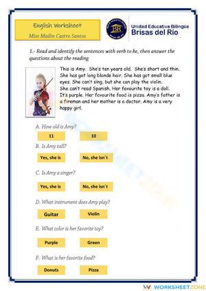Printable Verb to be Worksheet | Grade 3 ELA