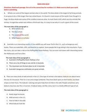 Essential Main Idea Quiz | Grades 5-6 ELA Worksheet