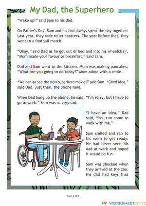 'My Dad the Superhero': Reading Comprehension Worksheet