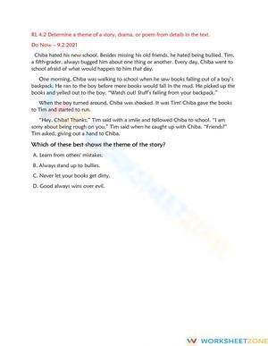 RL.4.2 Worksheet: Determining Theme — Grade 4 Aligned