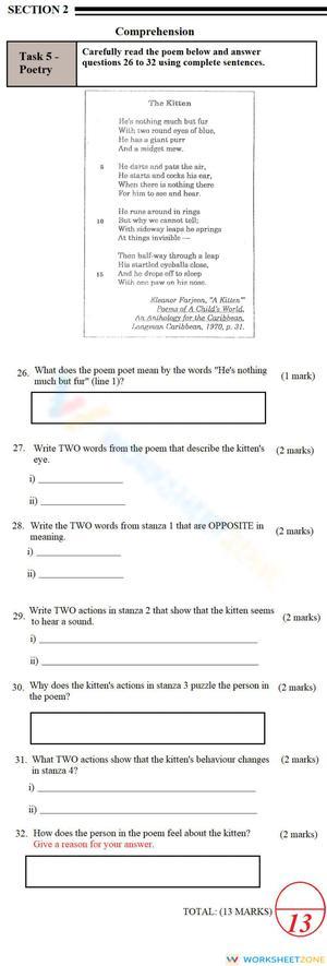 Poetry Comprehension Worksheet | Essential Grade 6-8 ELA