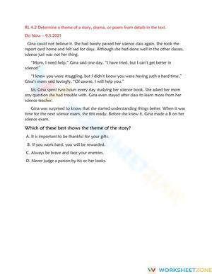 RL 4.2 Worksheet: Theme of a Story — Grade 4 Aligned
