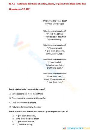 RL 4.2 Worksheet: Determining Poem Theme — Grade 4 Aligned