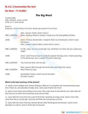 RL.4.2 Worksheet: Summarizing Drama — Grade 4 Aligned