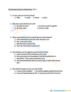 Printable Wayside School Falling Down Ch 6 Worksheet