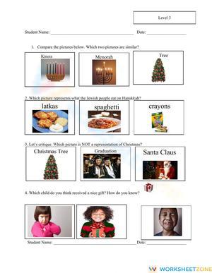 December Traditions Worksheet (3 Levels) | Grade 1 Ready