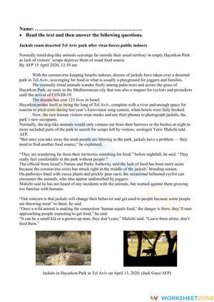 Grade 7 Jackal Reading — Printable No-Prep Worksheet